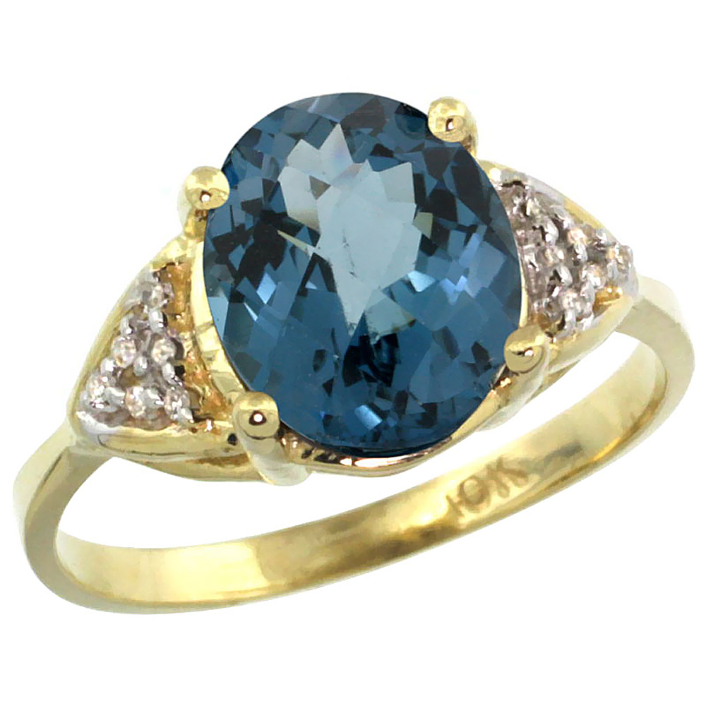 10K Yellow Gold Diamond Natural London Blue Topaz Engagement Ring Oval 10x8mm, sizes 5-10