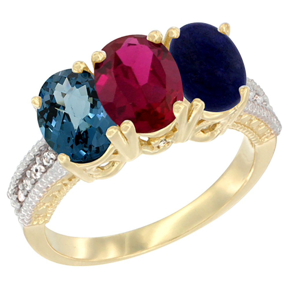 10K Yellow Gold Diamond Natural London Blue Topaz, Ruby &amp; Lapis Ring 3-Stone Oval 7x5 mm, sizes 5 - 10