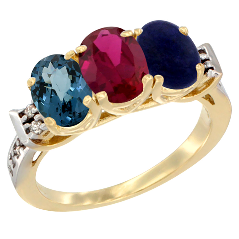 14K Yellow Gold Natural London Blue Topaz, Enhanced Ruby & Natural Lapis Ring 3-Stone 7x5 mm Oval Diamond Accent, sizes 5 - 10