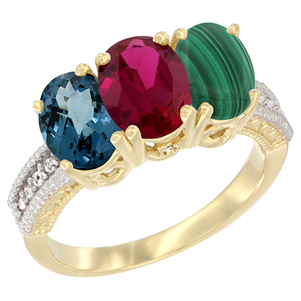 10K Yellow Gold Diamond Natural London Blue Topaz, Ruby & Malachite Ring 3-Stone Oval 7x5 mm, sizes 5 - 10