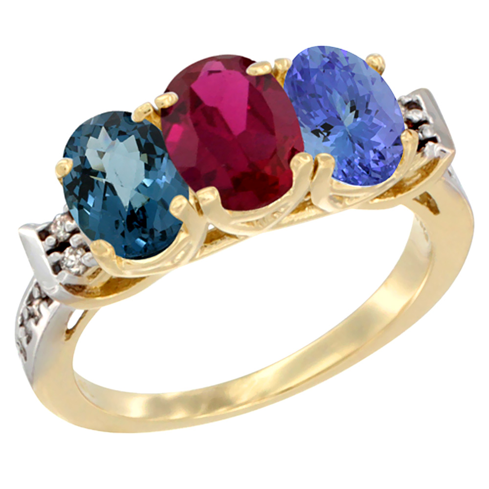 14K Yellow Gold Natural London Blue Topaz, Enhanced Ruby & Natural Tanzanite Ring 3-Stone 7x5 mm Oval Diamond Accent, sizes 5 - 10