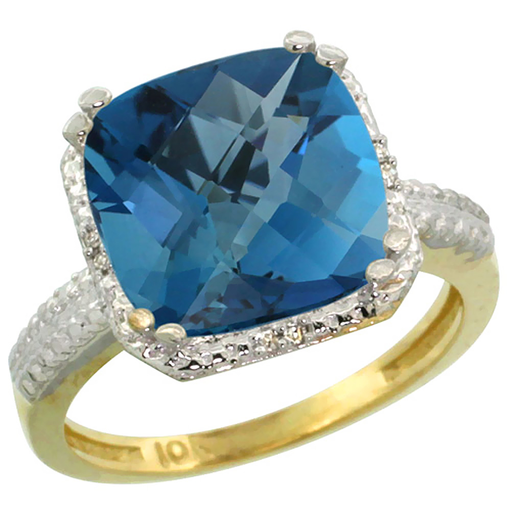 14K Yellow Gold Diamond Natural London Blue Topaz Ring Cushion-cut 11x11mm, sizes 5-10