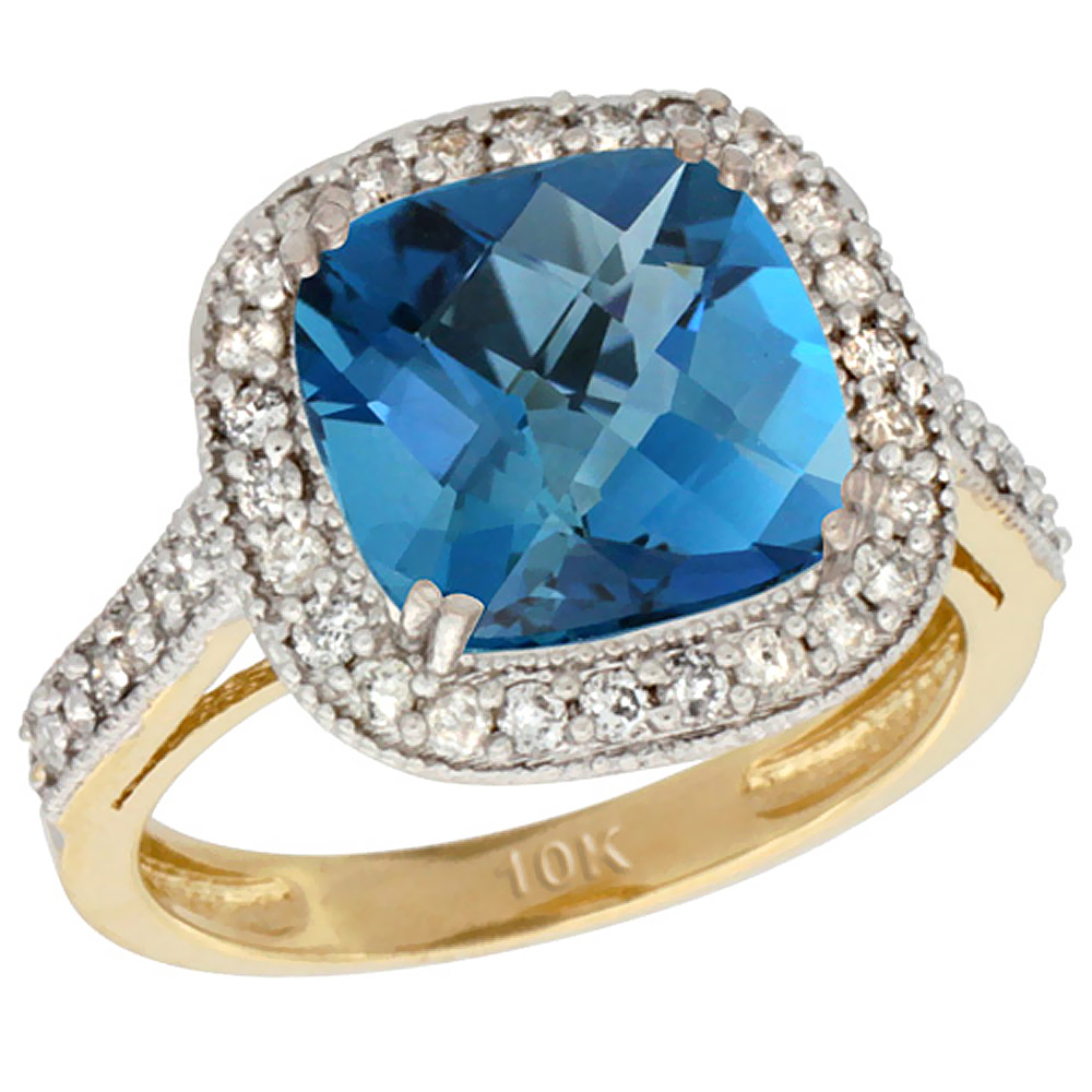 14K Yellow Gold Natural London Blue Topaz Ring Cushion-cut 9x9mm Diamond Halo, sizes 5-10