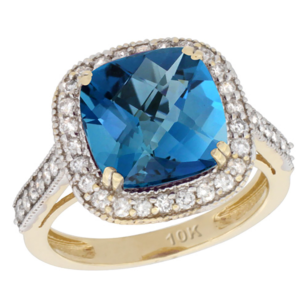 14K Yellow Gold Natural London Blue Topaz Ring Cushion-cut 10x10mm Diamond Halo, sizes 5-10