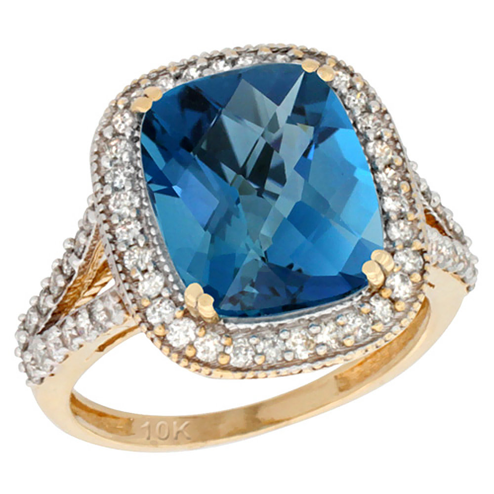 10k Yellow Gold Natural London Blue Topaz Ring Cushion-cut 12x10mm Diamond Halo, sizes 5-10