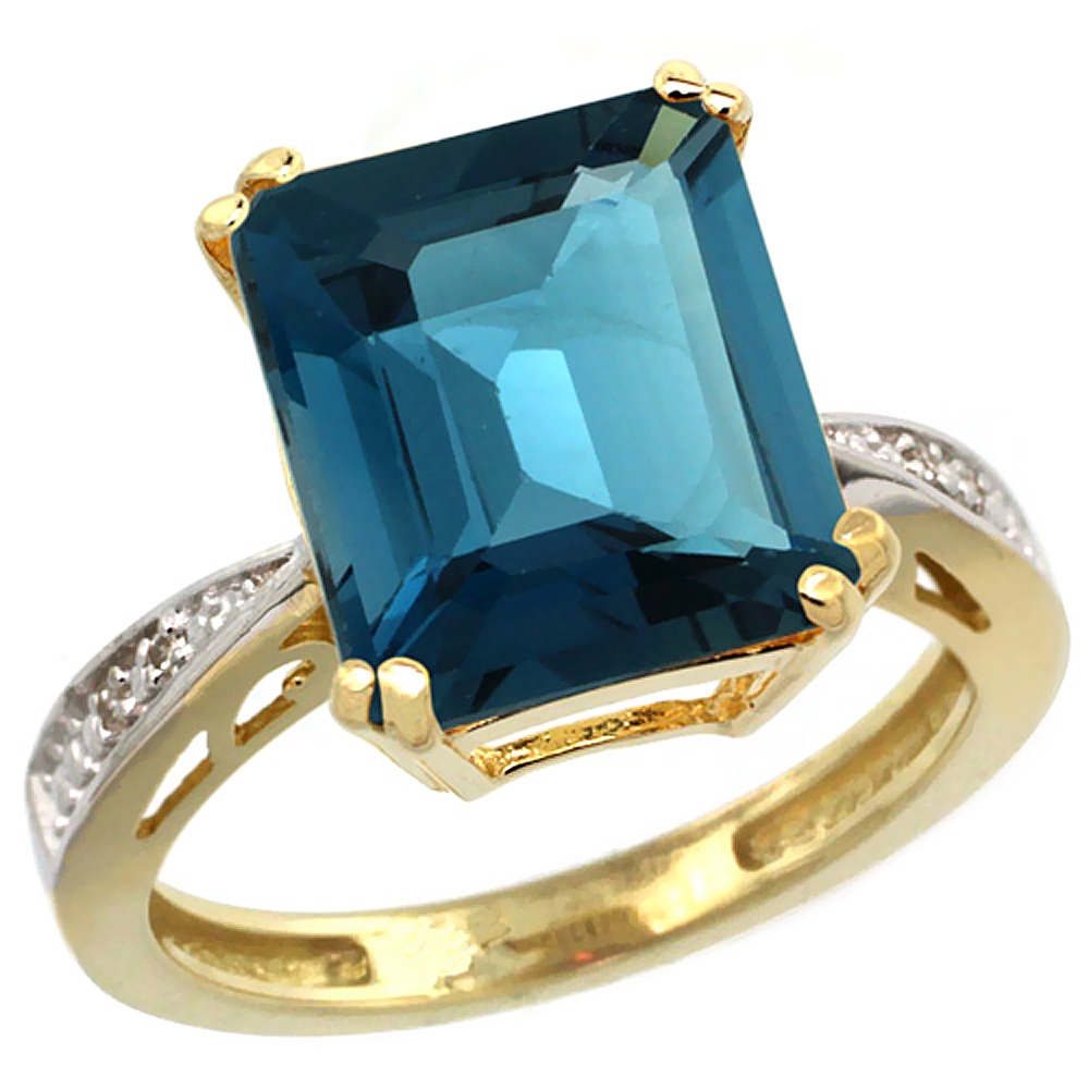 10K Yellow Gold Diamond Natural London Blue Topaz Ring Emerald-cut 12x10mm, sizes 5-10