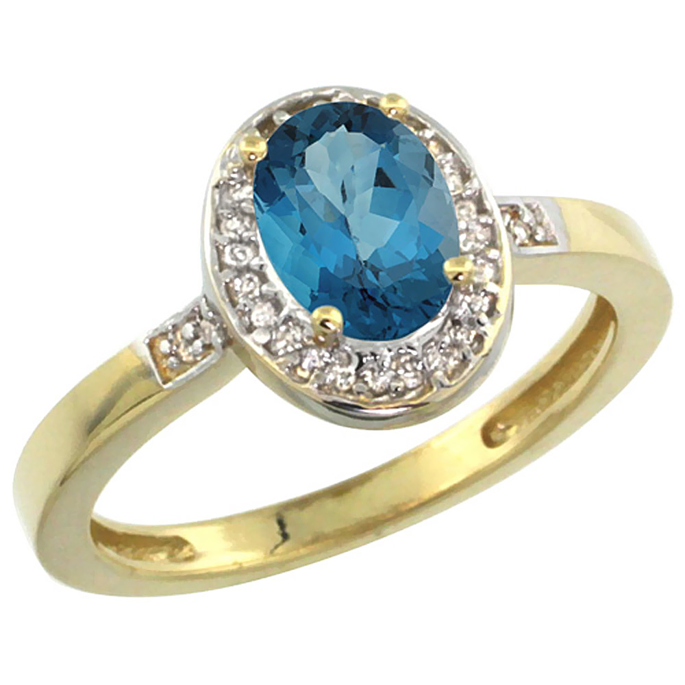 14K Yellow Gold Diamond Natural London Blue Topaz Engagement Ring Oval 7x5mm, sizes 5-10