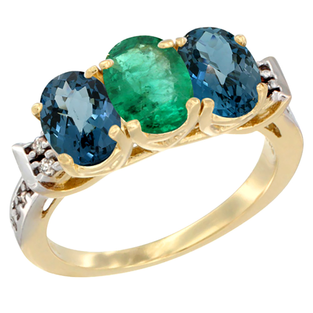 14K Yellow Gold Natural Emerald &amp; London Blue Topaz Sides Ring 3-Stone 7x5 mm Oval Diamond Accent, sizes 5 - 10