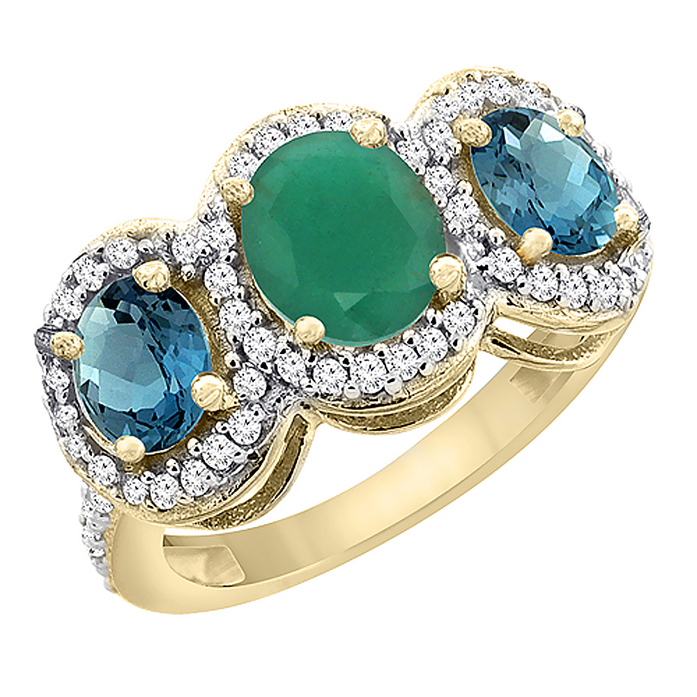 10K Yellow Gold Natural Emerald &amp; London Blue Topaz 3-Stone Ring Oval Diamond Accent, sizes 5 - 10