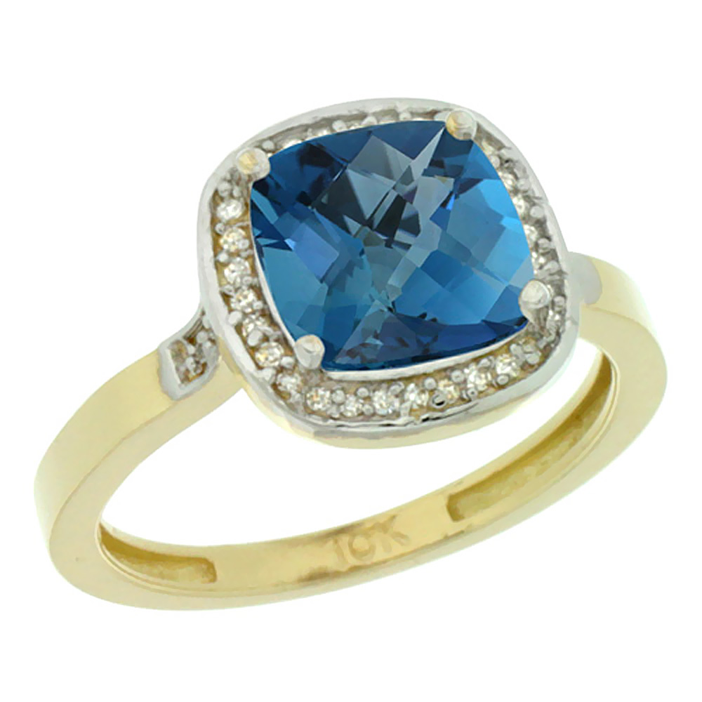 10K Yellow Gold Diamond Natural London Blue Topaz Ring Cushion-cut 8x8mm, sizes 5-10