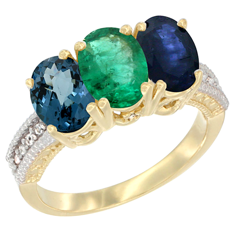 14K Yellow Gold Natural London Blue Topaz, Emerald & Blue Sapphire Ring 3-Stone 7x5 mm Oval Diamond Accent, sizes 5 - 10