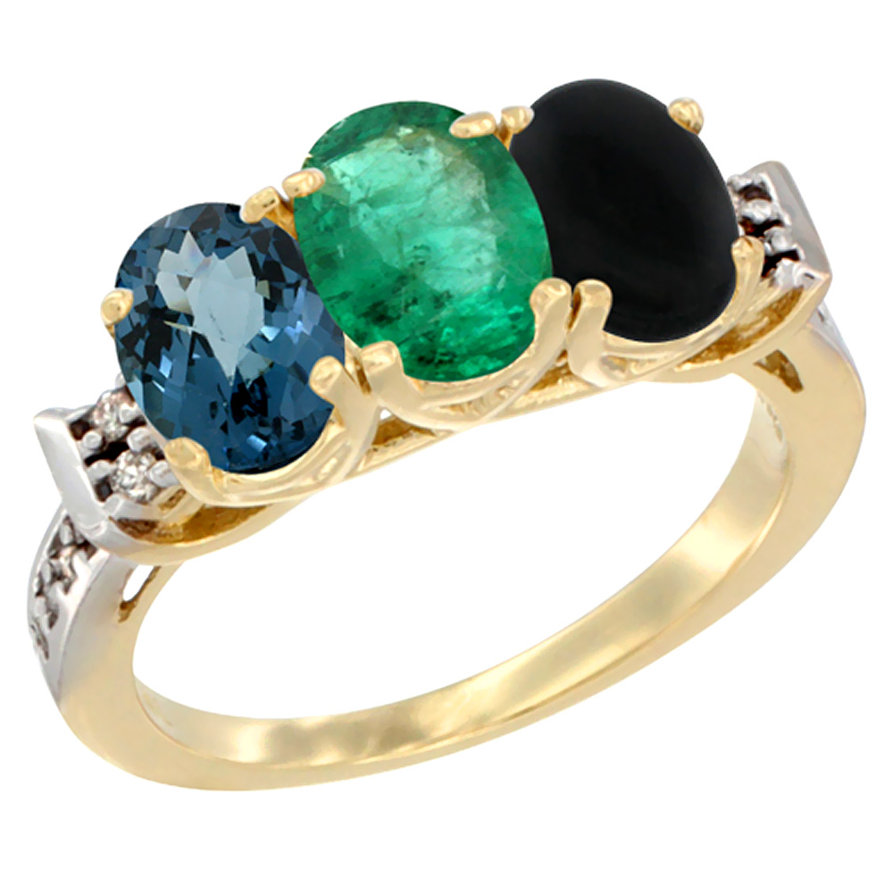 14K Yellow Gold Natural London Blue Topaz, Emerald & Black Onyx Ring 3-Stone 7x5 mm Oval Diamond Accent, sizes 5 - 10