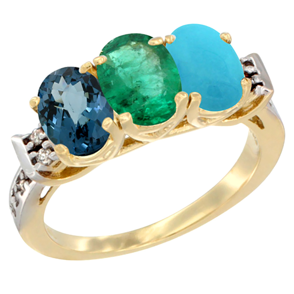 14K Yellow Gold Natural London Blue Topaz, Emerald & Turquoise Ring 3-Stone 7x5 mm Oval Diamond Accent, sizes 5 - 10