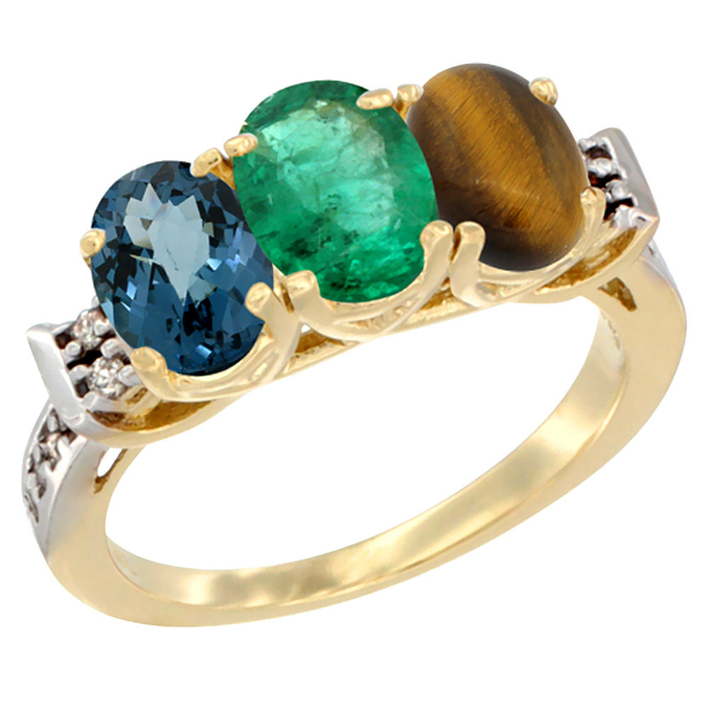 14K Yellow Gold Natural London Blue Topaz, Emerald &amp; Tiger Eye Ring 3-Stone 7x5 mm Oval Diamond Accent, sizes 5 - 10