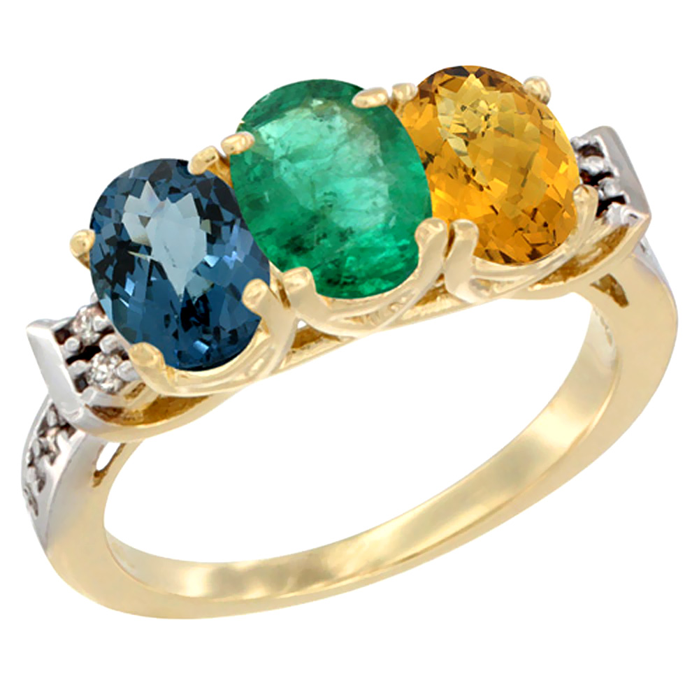 10K Yellow Gold Natural London Blue Topaz, Emerald & Whisky Quartz Ring 3-Stone Oval 7x5 mm Diamond Accent, sizes 5 - 10