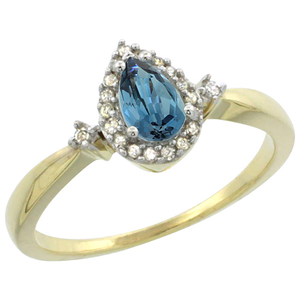 10K Yellow Gold Diamond Natural London Blue Topaz Ring Pear 6x4mm, sizes 5-10