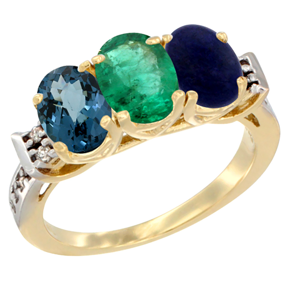 14K Yellow Gold Natural London Blue Topaz, Emerald & Lapis Ring 3-Stone 7x5 mm Oval Diamond Accent, sizes 5 - 10