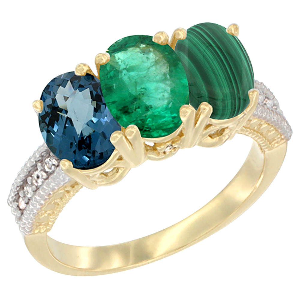 10K Yellow Gold Diamond Natural London Blue Topaz, Emerald & Malachite Ring 3-Stone Oval 7x5 mm, sizes 5 - 10