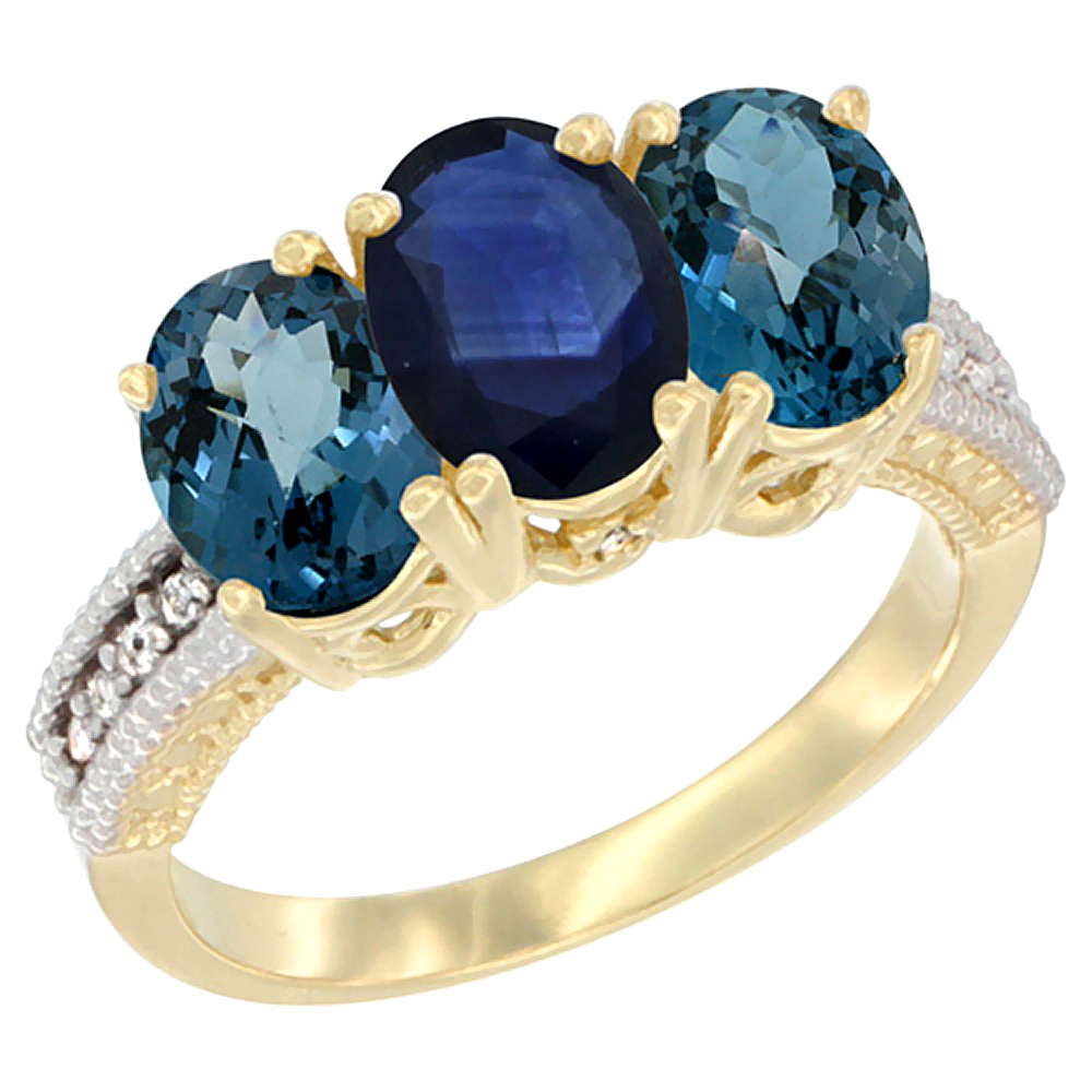 14K Yellow Gold Natural Blue Sapphire & London Blue Topaz Sides Ring 3-Stone 7x5 mm Oval Diamond Accent, sizes 5 - 10