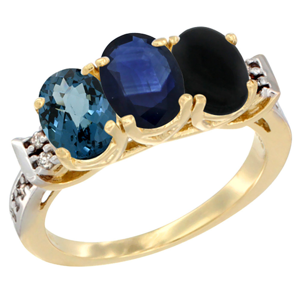 14K Yellow Gold Natural London Blue Topaz, Blue Sapphire & Black Onyx Ring 3-Stone 7x5 mm Oval Diamond Accent, sizes 5 - 10