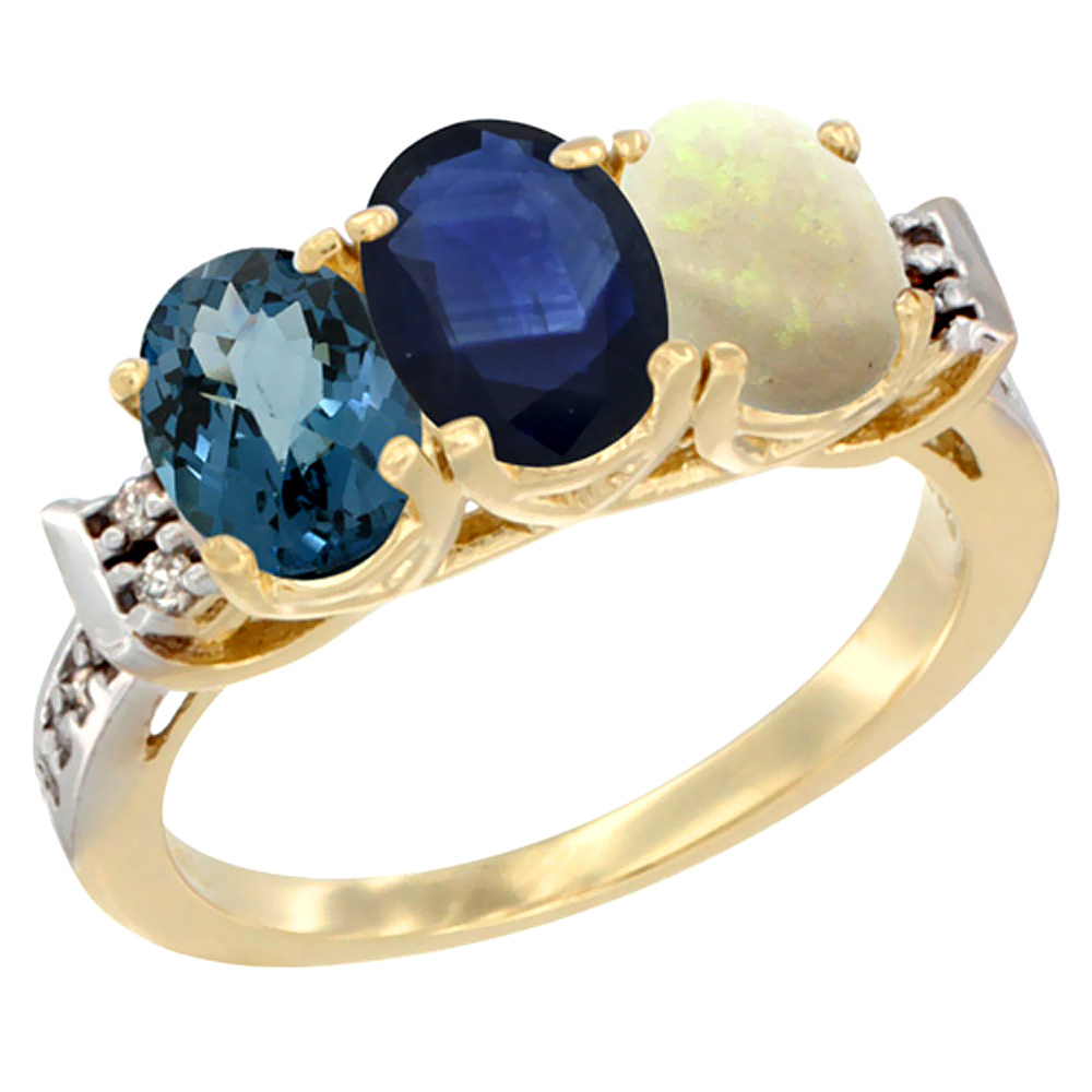 14K Yellow Gold Natural London Blue Topaz, Blue Sapphire & Opal Ring 3-Stone 7x5 mm Oval Diamond Accent, sizes 5 - 10