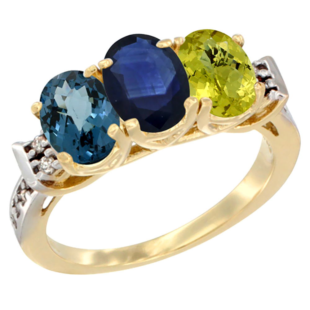 10K Yellow Gold Natural London Blue Topaz, Blue Sapphire &amp; Lemon Quartz Ring 3-Stone Oval 7x5 mm Diamond Accent, sizes 5 - 10