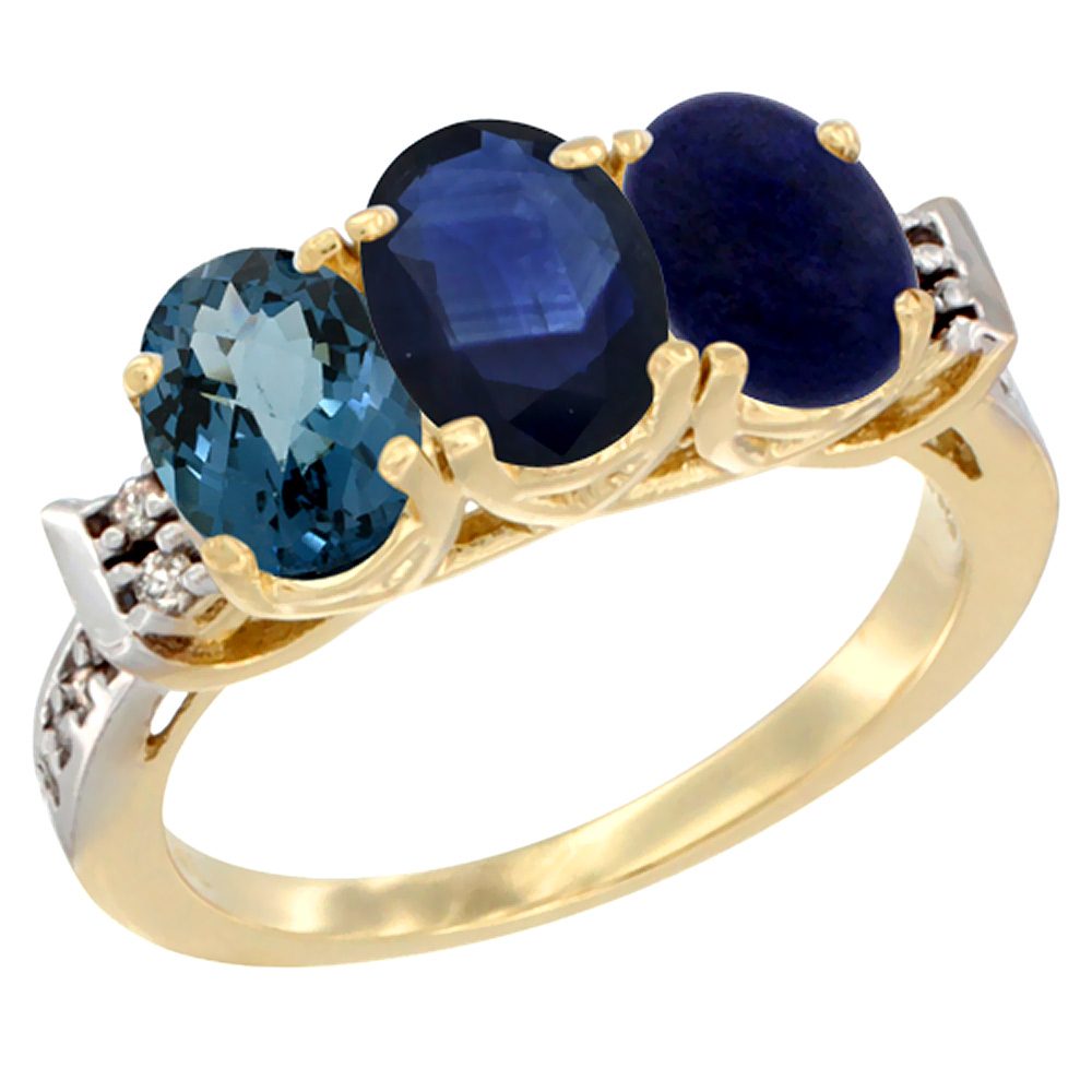 14K Yellow Gold Natural London Blue Topaz, Blue Sapphire & Lapis Ring 3-Stone 7x5 mm Oval Diamond Accent, sizes 5 - 10