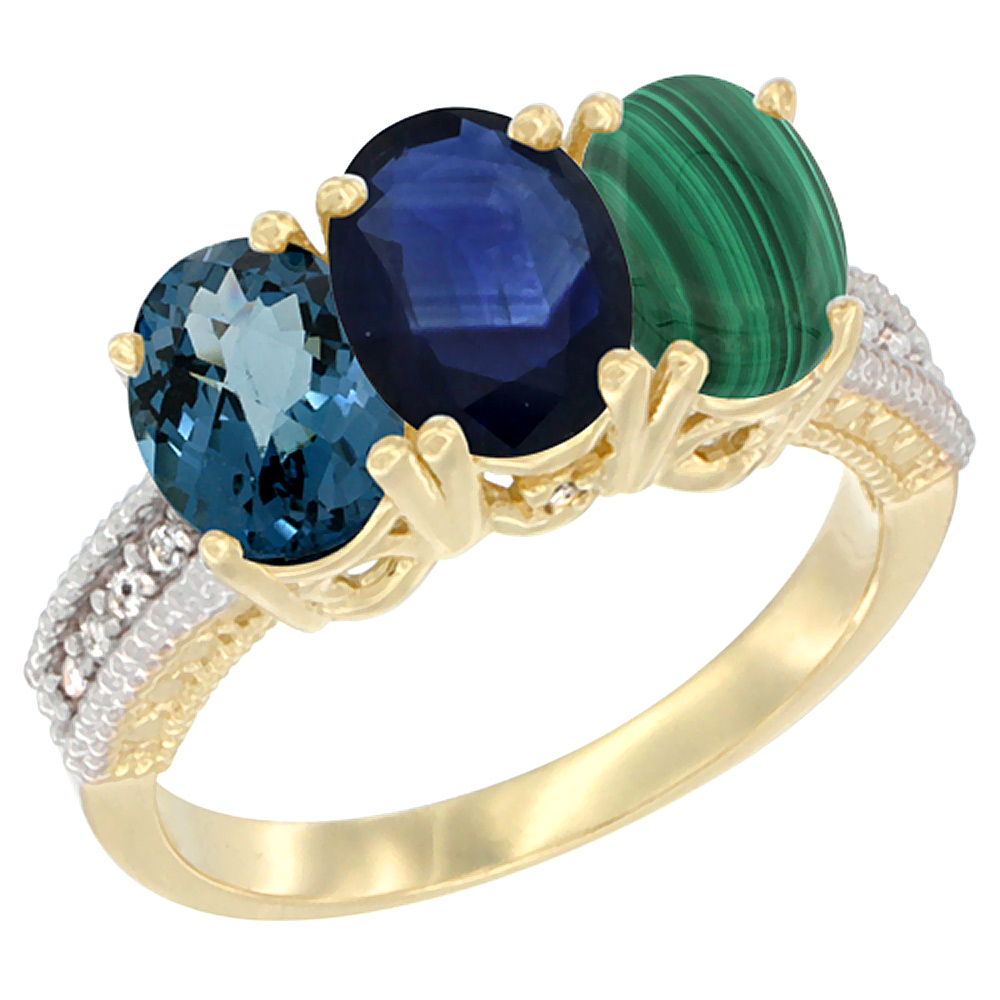 14K Yellow Gold Natural London Blue Topaz, Blue Sapphire &amp; Malachite Ring 3-Stone 7x5 mm Oval Diamond Accent, sizes 5 - 10