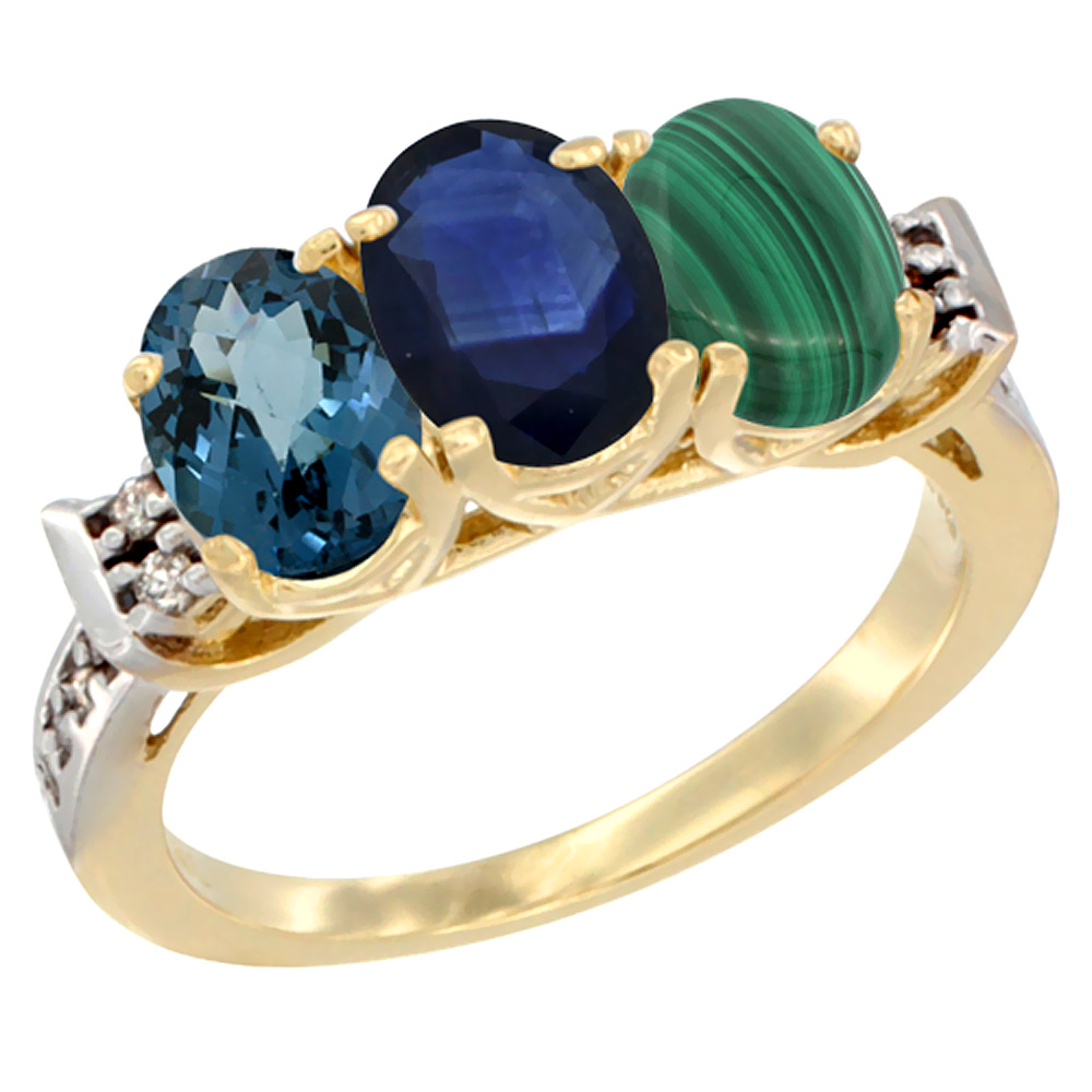 10K Yellow Gold Natural London Blue Topaz, Blue Sapphire & Malachite Ring 3-Stone Oval 7x5 mm Diamond Accent, sizes 5 - 10