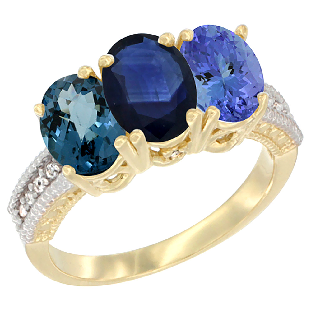 14K Yellow Gold Natural London Blue Topaz, Blue Sapphire & Tanzanite Ring 3-Stone 7x5 mm Oval Diamond Accent, sizes 5 - 10