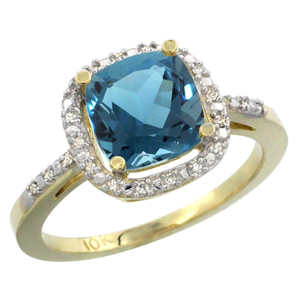 10K Yellow Gold Natural London Blue Topaz Ring Cushion-cut 8x8mm Diamond Accent, sizes 5-10