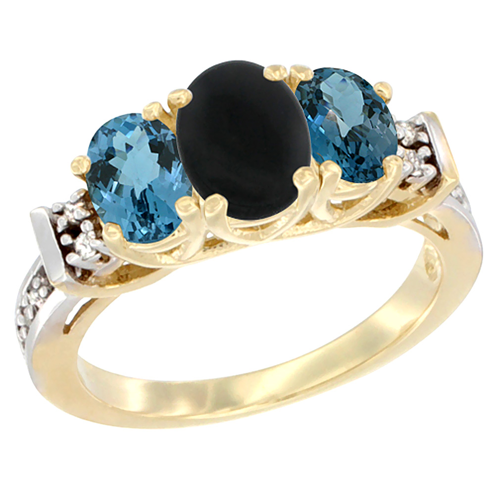 10K Yellow Gold Natural Black Onyx & London Blue Ring 3-Stone Oval Diamond Accent