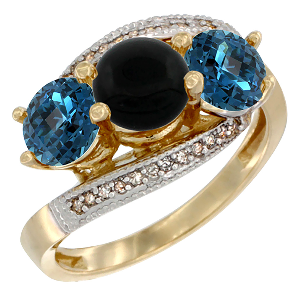 10K Yellow Gold Natural Black Onyx &amp; London Blue Topaz Sides 3 stone Ring Round 6mm Diamond Accent, sizes 5 - 10