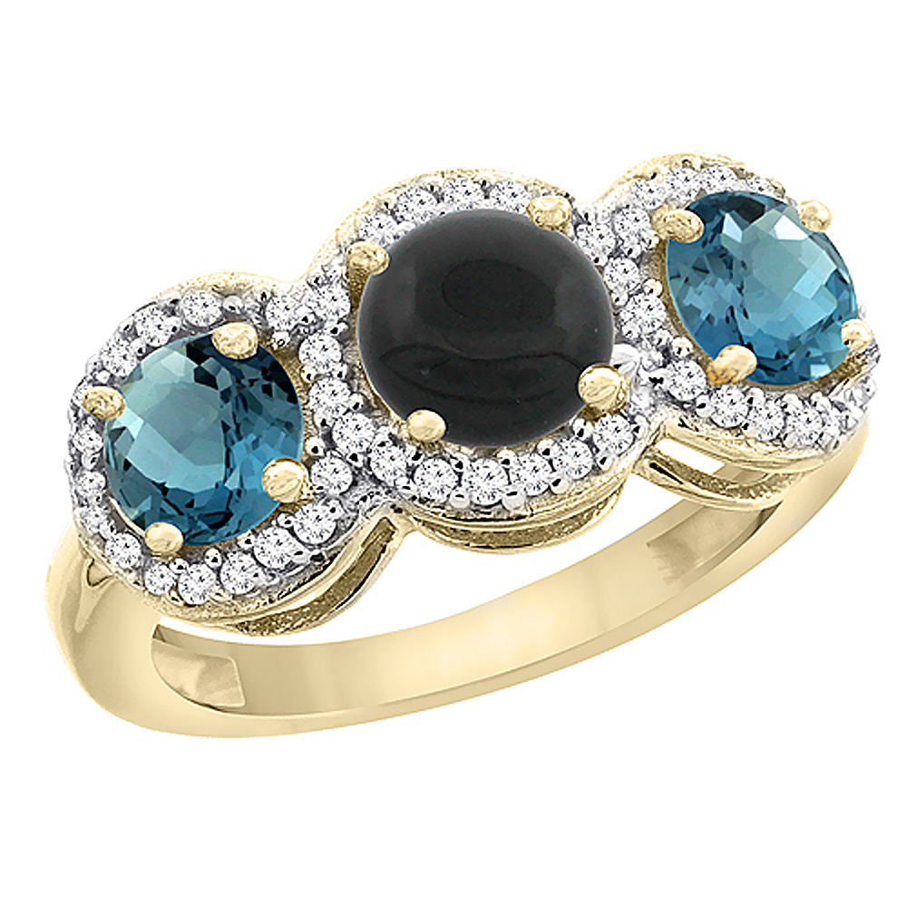 14K Yellow Gold Natural Black Onyx &amp; London Blue Topaz Sides Round 3-stone Ring Diamond Accents, sizes 5 - 10