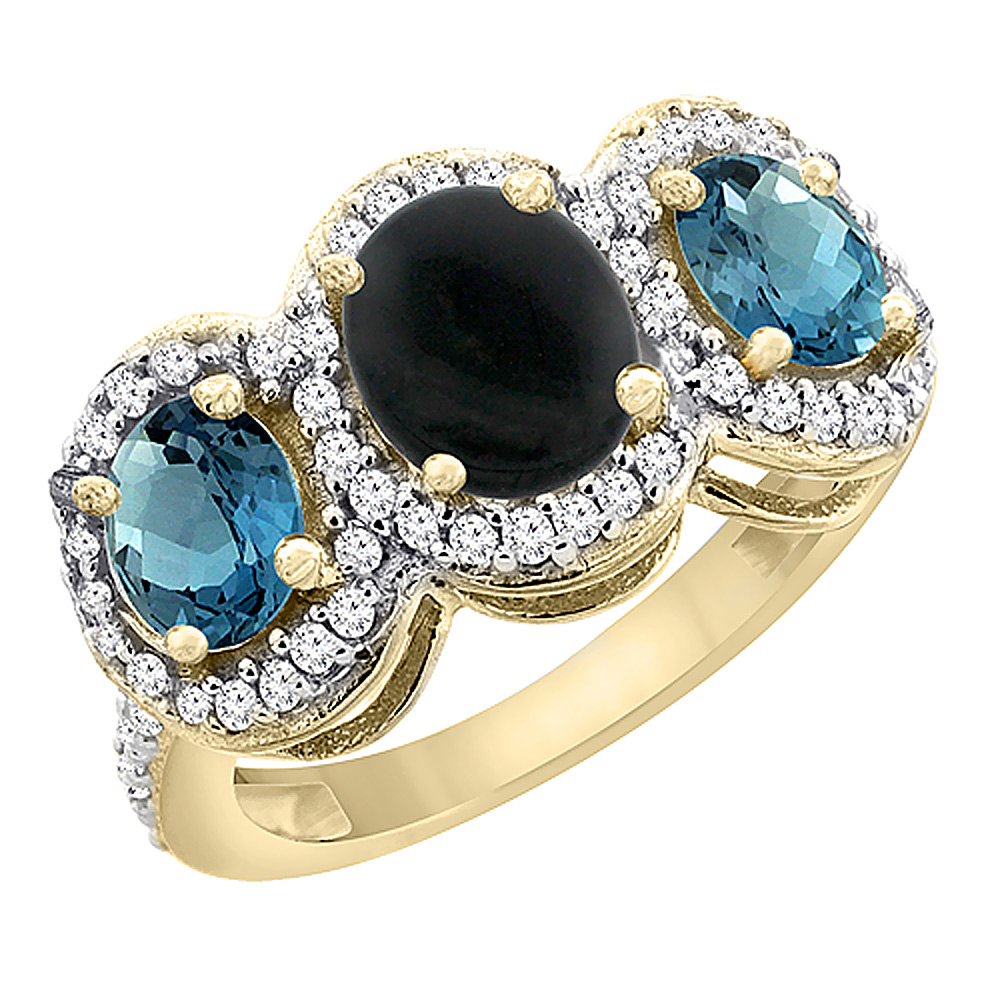 10K Yellow Gold Natural Black Onyx & London Blue Topaz 3-Stone Ring Oval Diamond Accent, sizes 5 - 10