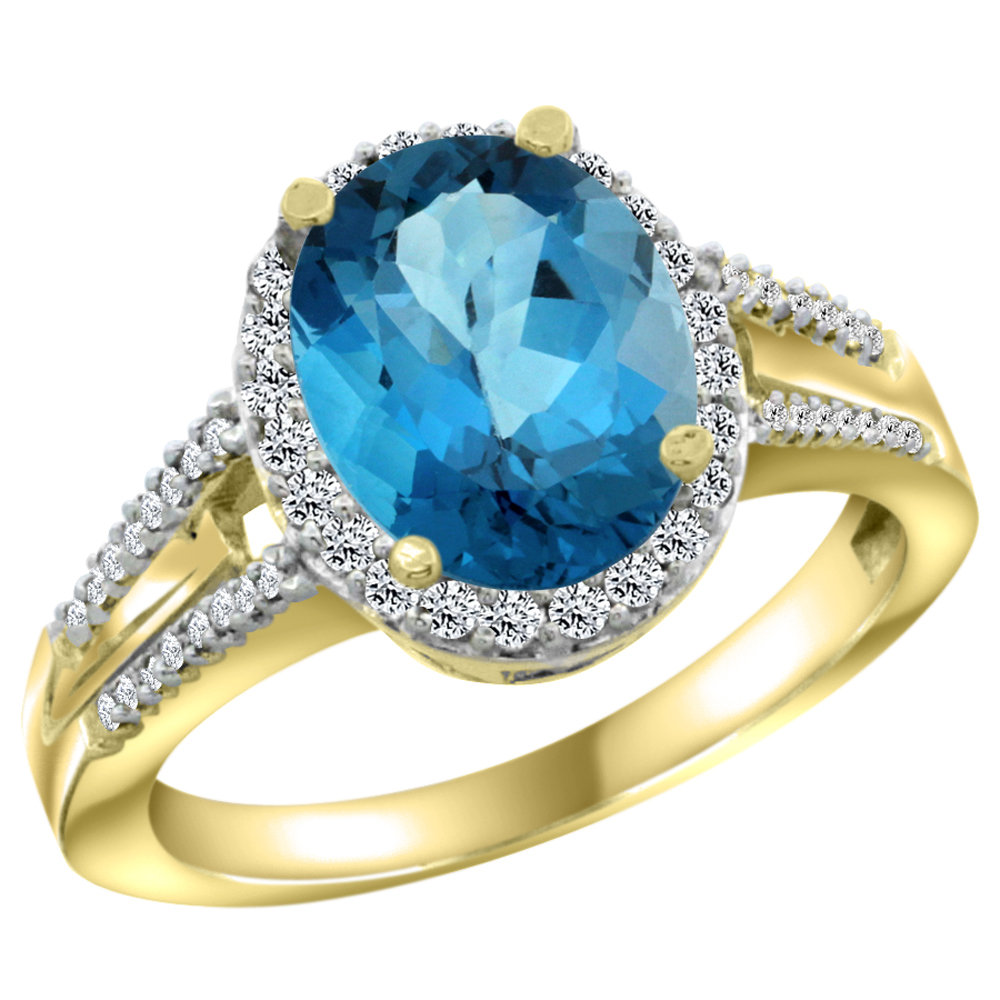 14K Yellow Gold Diamond Natural London Blue Topaz Engagement Ring Oval 10x8mm, sizes 5-10