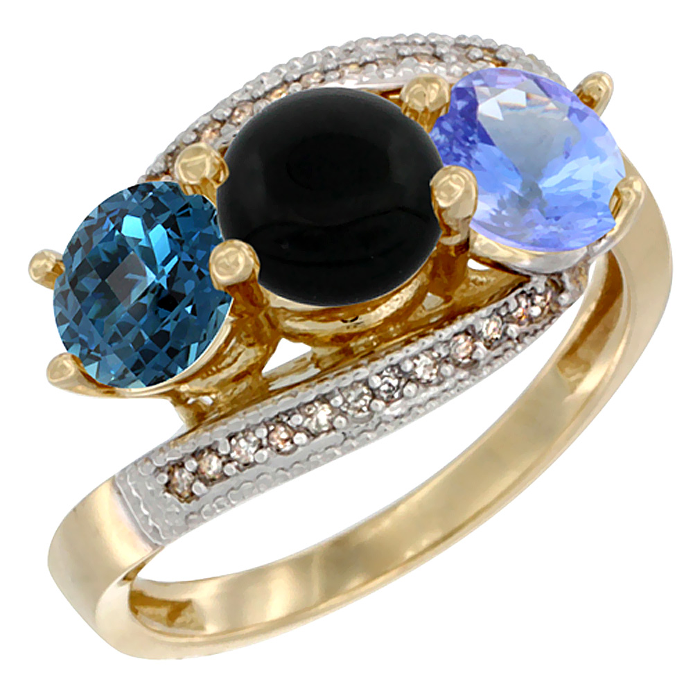 10K Yellow Gold Natural London Blue Topaz, Black Onyx &amp; Tanzanite 3 stone Ring Round 6mm Diamond Accent, sizes 5 - 10