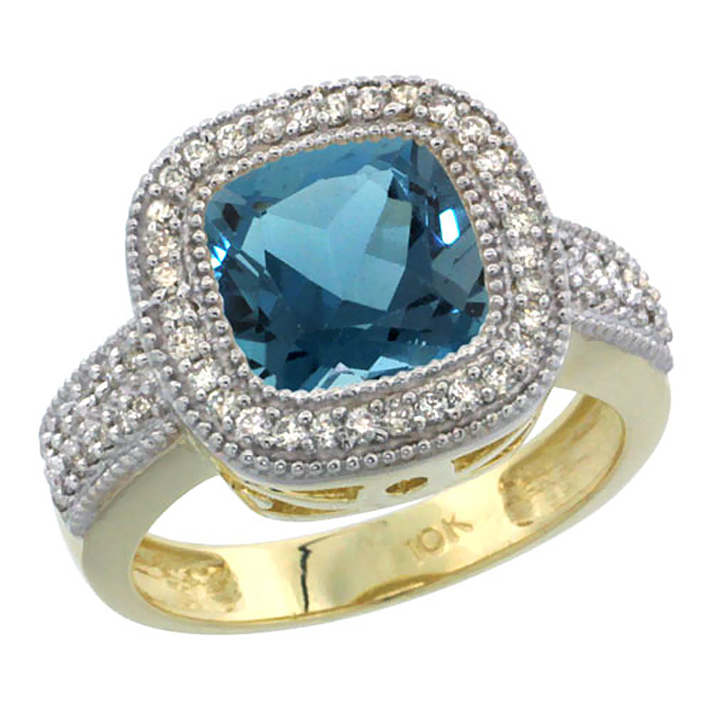 10K Yellow Gold Natural London Blue Topaz Ring Cushion-cut 9x9mm Diamond Accent, sizes 5-10