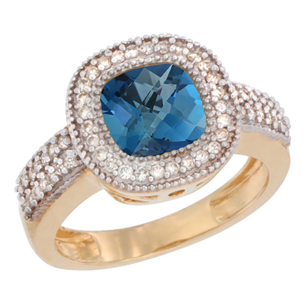 14K Yellow Gold Natural London Blue Topaz Ring Cushion-cut 7x7mm Diamond Accent, sizes 5-10