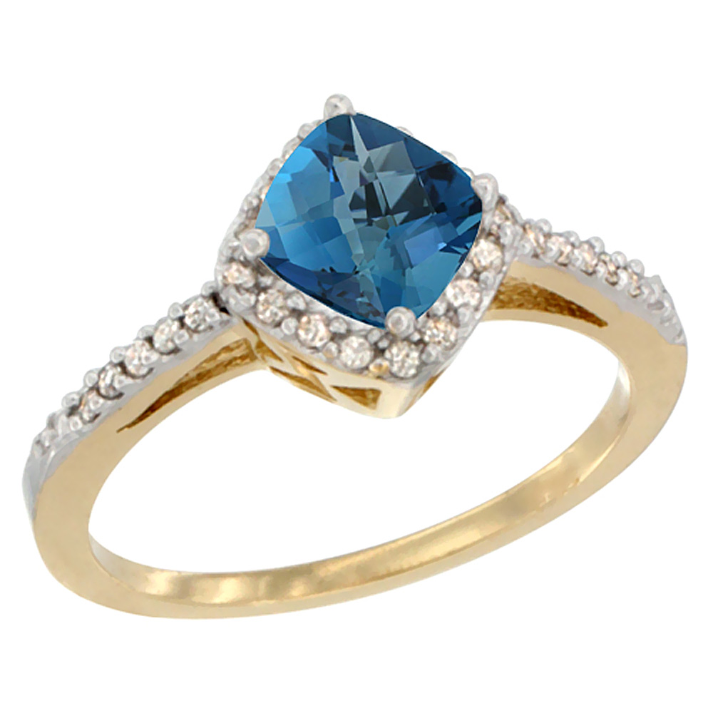 10K Yellow Gold Natural London Blue Topaz Ring Cushion-cut 6mm Halo Diamond Accent, sizes 5 - 10