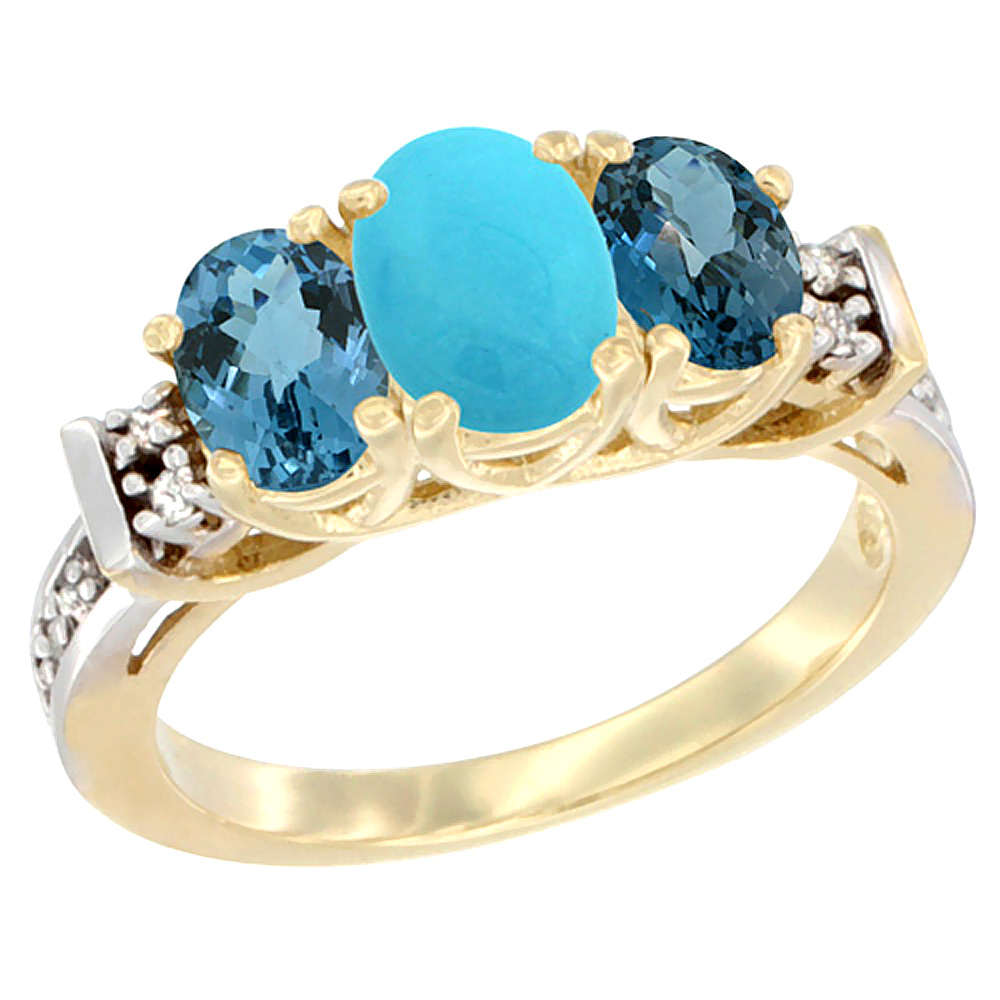 10K Yellow Gold Natural Turquoise &amp; London Blue Ring 3-Stone Oval Diamond Accent