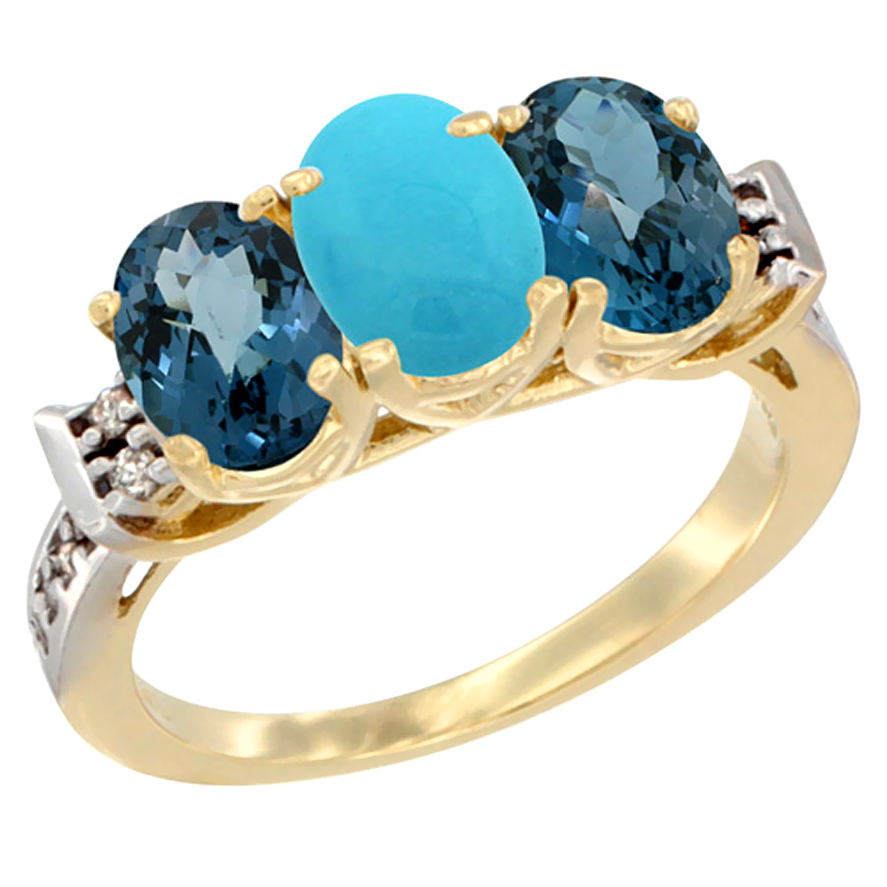 14K Yellow Gold Natural Turquoise & London Blue Topaz Sides Ring 3-Stone 7x5 mm Oval Diamond Accent, sizes 5 - 10