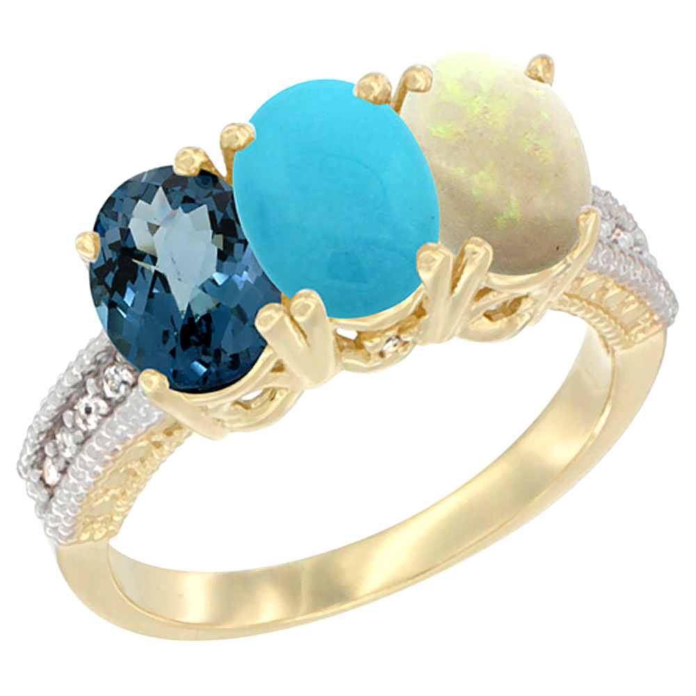 14K Yellow Gold Natural London Blue Topaz, Turquoise & Opal Ring 3-Stone 7x5 mm Oval Diamond Accent, sizes 5 - 10