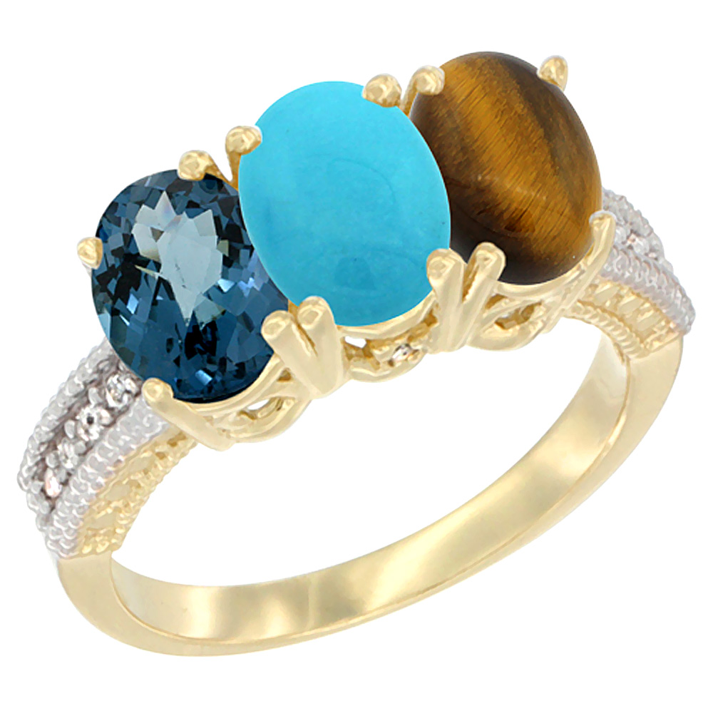 14K Yellow Gold Natural London Blue Topaz, Turquoise & Tiger Eye Ring 3-Stone 7x5 mm Oval Diamond Accent, sizes 5 - 10