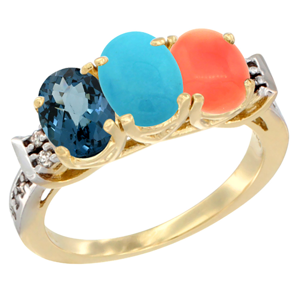 14K Yellow Gold Natural London Blue Topaz, Turquoise & Coral Ring 3-Stone 7x5 mm Oval Diamond Accent, sizes 5 - 10