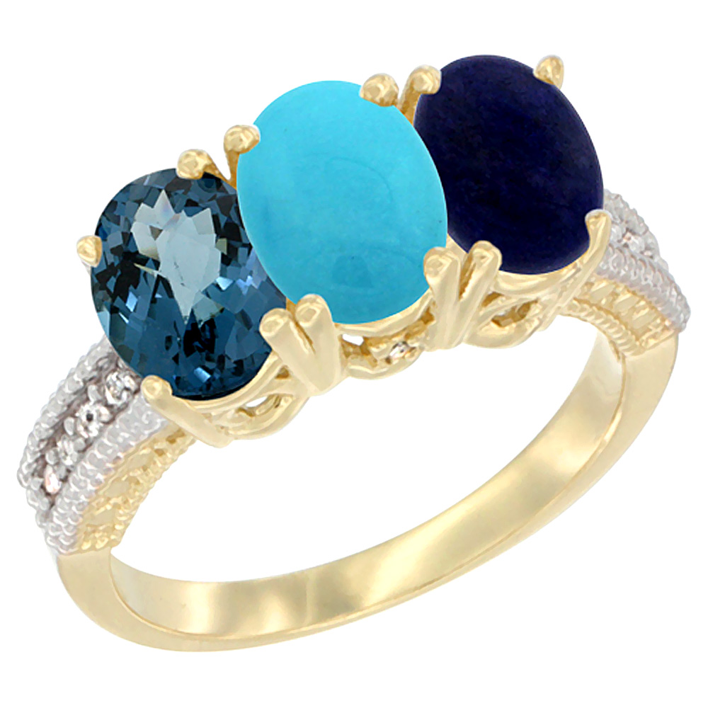 14K Yellow Gold Natural London Blue Topaz, Turquoise &amp; Lapis Ring 3-Stone 7x5 mm Oval Diamond Accent, sizes 5 - 10