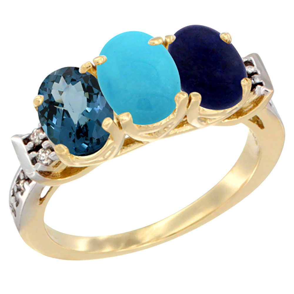 14K Yellow Gold Natural London Blue Topaz, Turquoise & Lapis Ring 3-Stone 7x5 mm Oval Diamond Accent, sizes 5 - 10