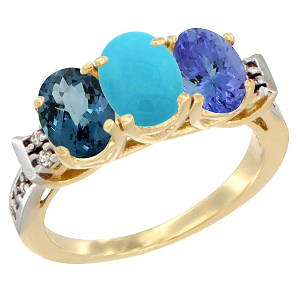 14K Yellow Gold Natural London Blue Topaz, Turquoise & Tanzanite Ring 3-Stone 7x5 mm Oval Diamond Accent, sizes 5 - 10