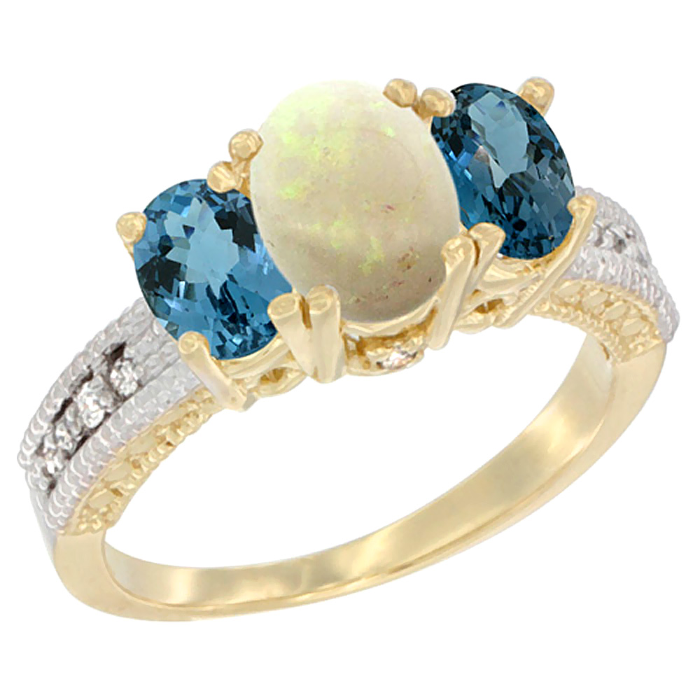 14K Yellow Gold Diamond Natural Opal Ring Oval 3-stone with London Blue Topaz, sizes 5 - 10