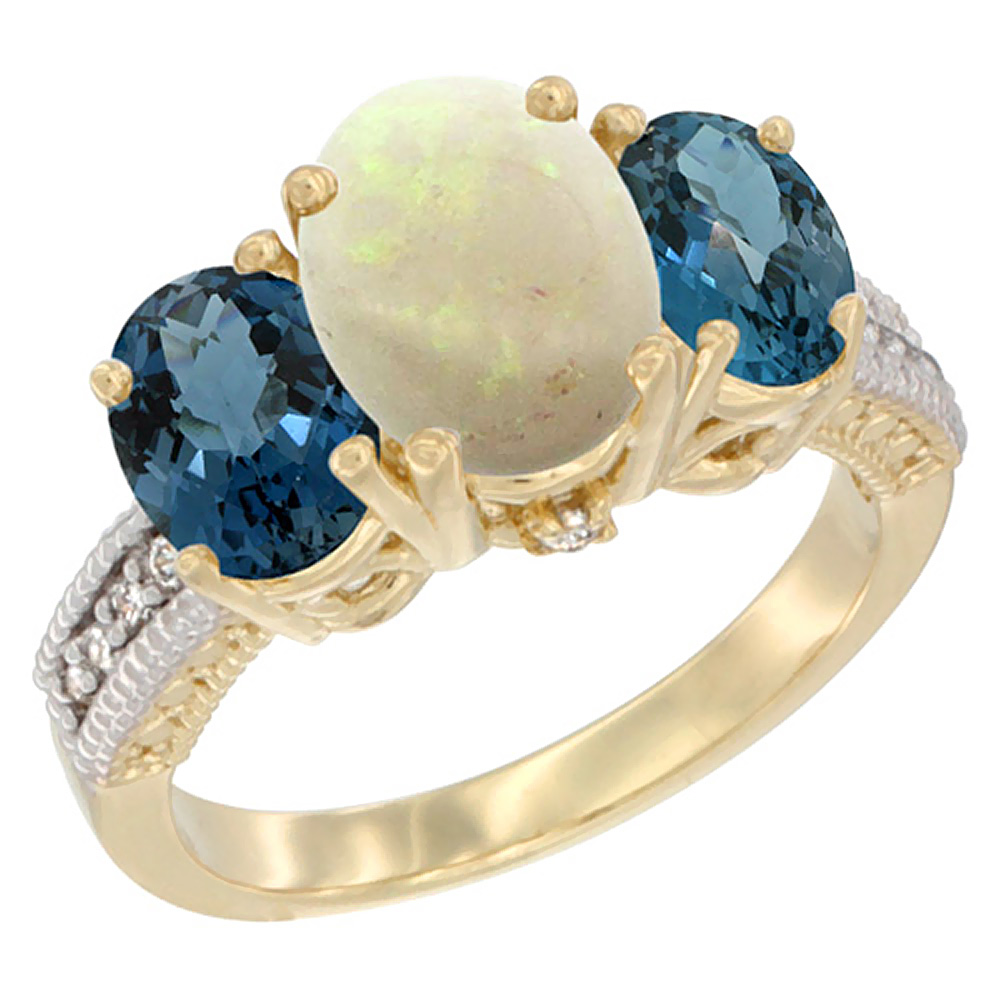 10K Yellow Gold Diamond Natural Opal Ring 3-Stone Oval 8x6mm with London Blue Topaz, sizes5-10